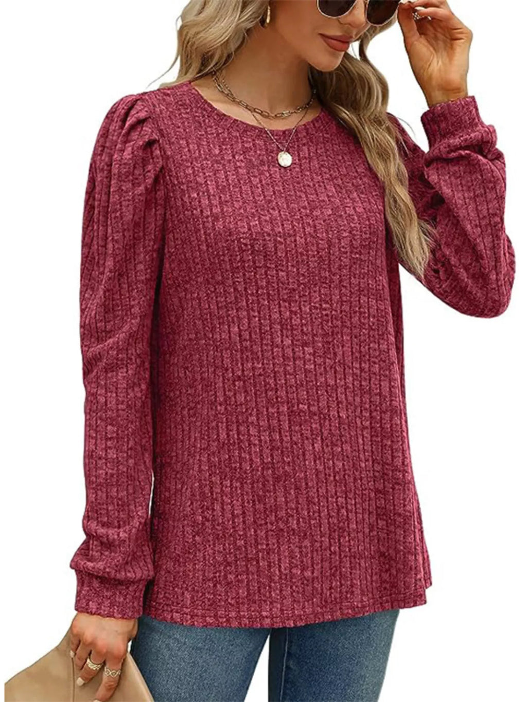 Sarah Express Women's Ribbed Knit Top with Puff Sleeves
