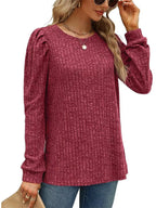 Sarah Express Women's Ribbed Knit Top with Puff Sleeves