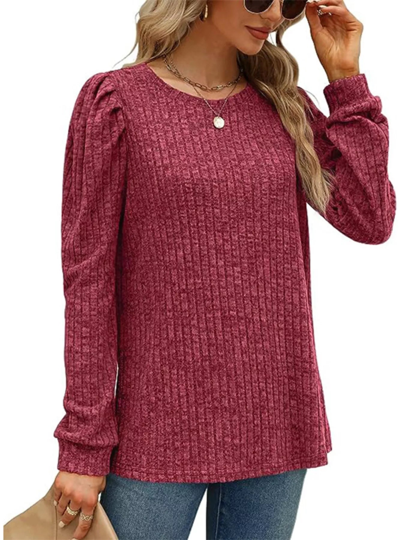 Sarah Express Women's Ribbed Knit Top with Puff Sleeves