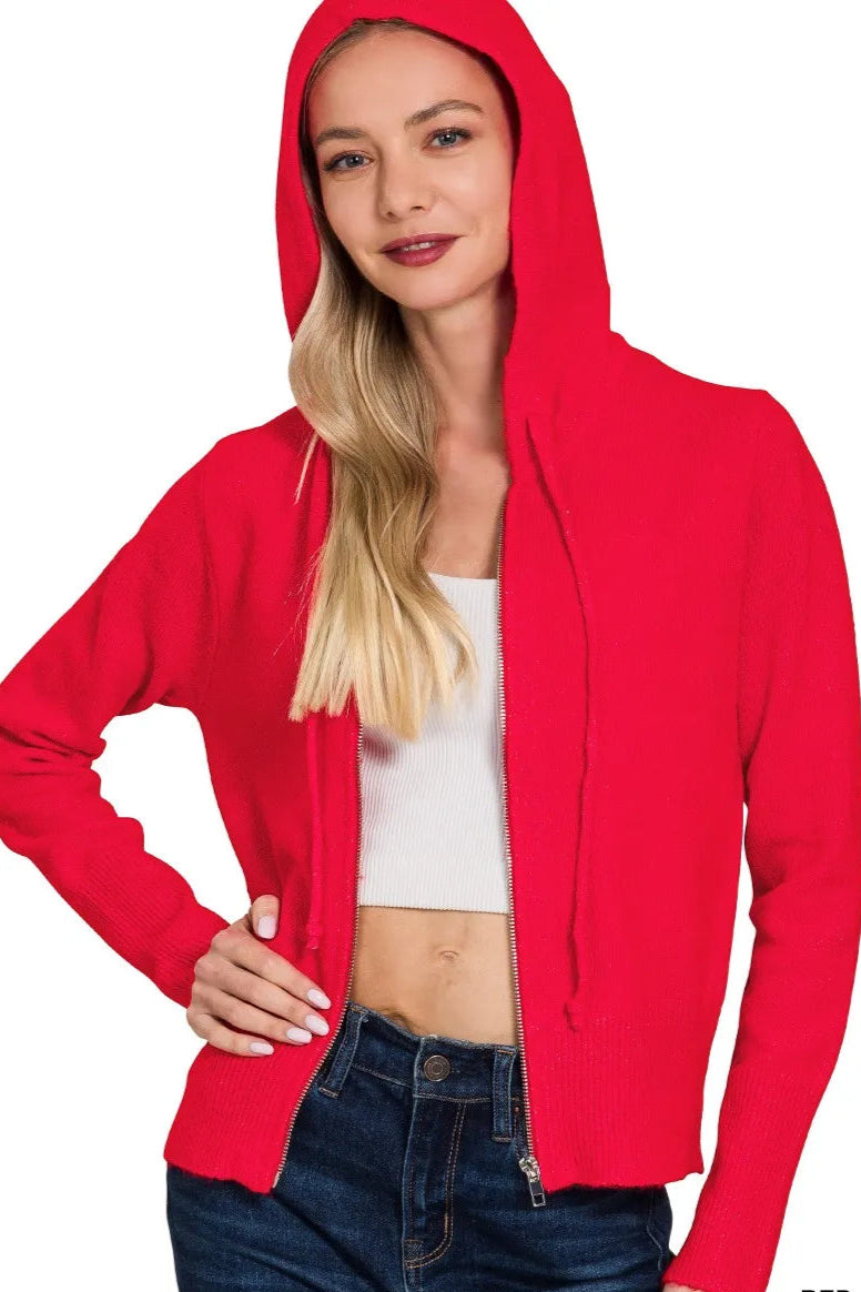 Sarah Express Women’s Red Zip-Up Hooded Cardigan with Pockets Casual
