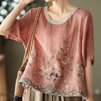 Retro Embroidered Cotton Pullover Top Round Neck