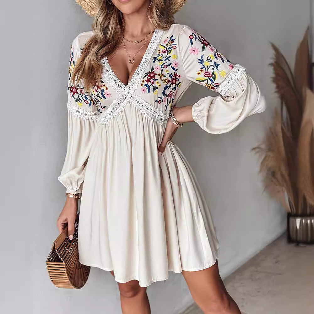 Women's Embroidered V-Neck Casual Maxi Dress Mid Waist Regular Sleeve