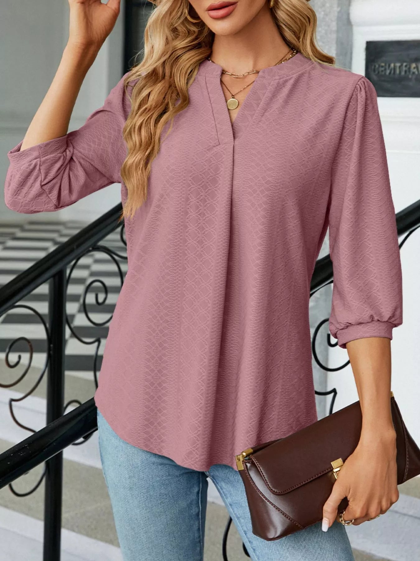 Sarah Express Women's Notched 3/4 Sleeve Casual Top Moonlit Mauve