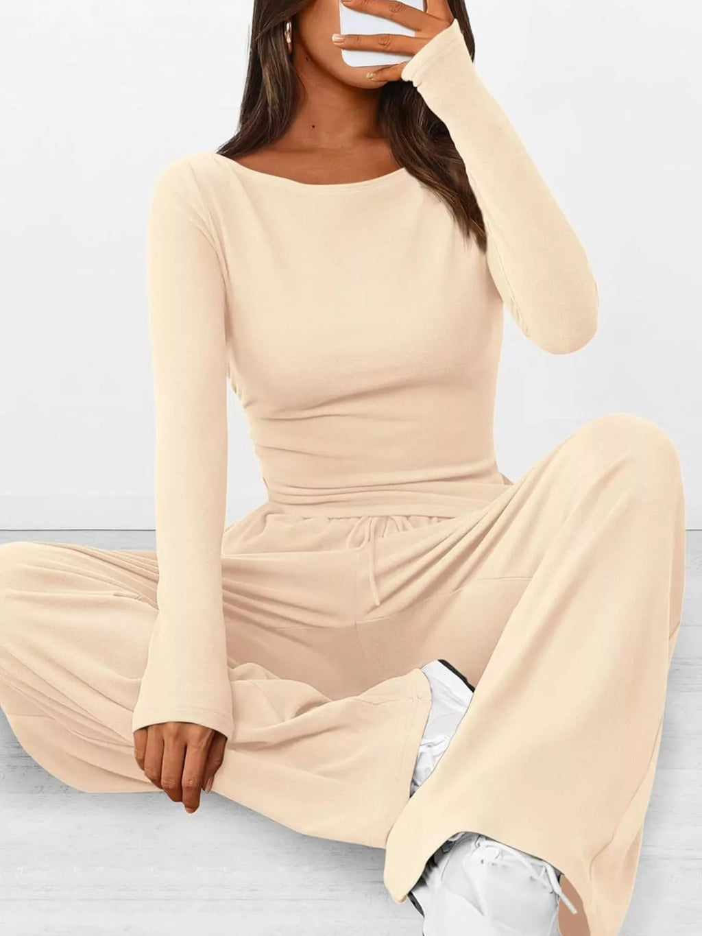 Sarah Express Women's Long Sleeve Top and Wide Leg Pants Set - Two Piece Outfit
