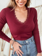 Sarah Express Women's Lace-Trimmed Ruched Detail Long Sleeve T-Shirt