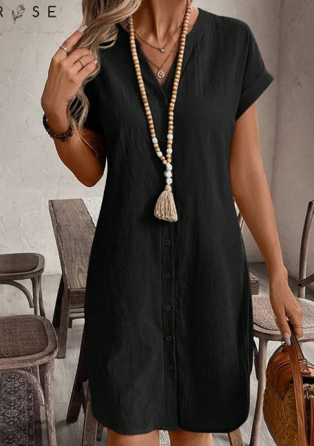 Notched Button Front Batwing Sleeve Cotton Shirt Dress