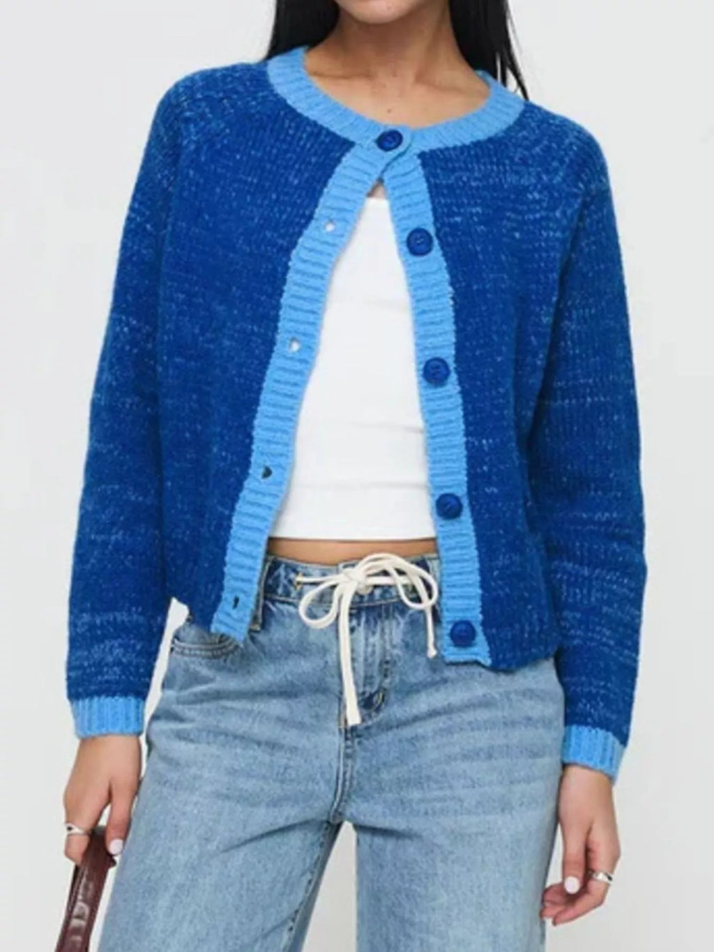 Sarah Express Women's Contrast Trim Button-Up Cardigan