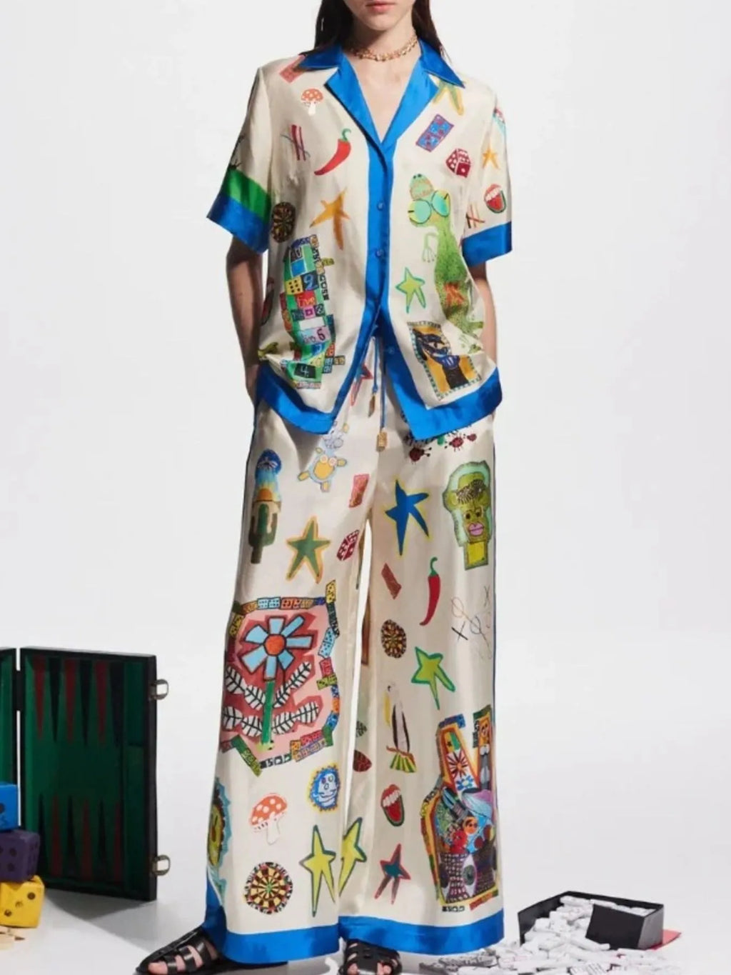 Sarah Express Women's Printed Button Up Shirt and Pants Set Blue