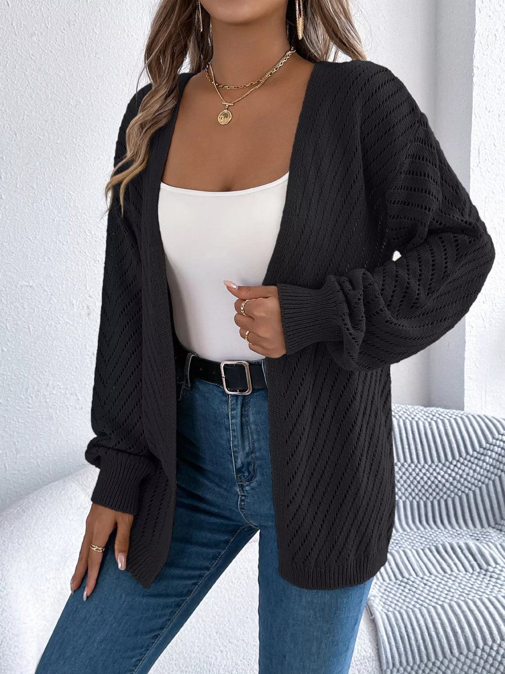 Sarah Express Women's Openwork Open-Front Long Sleeve Cardigan