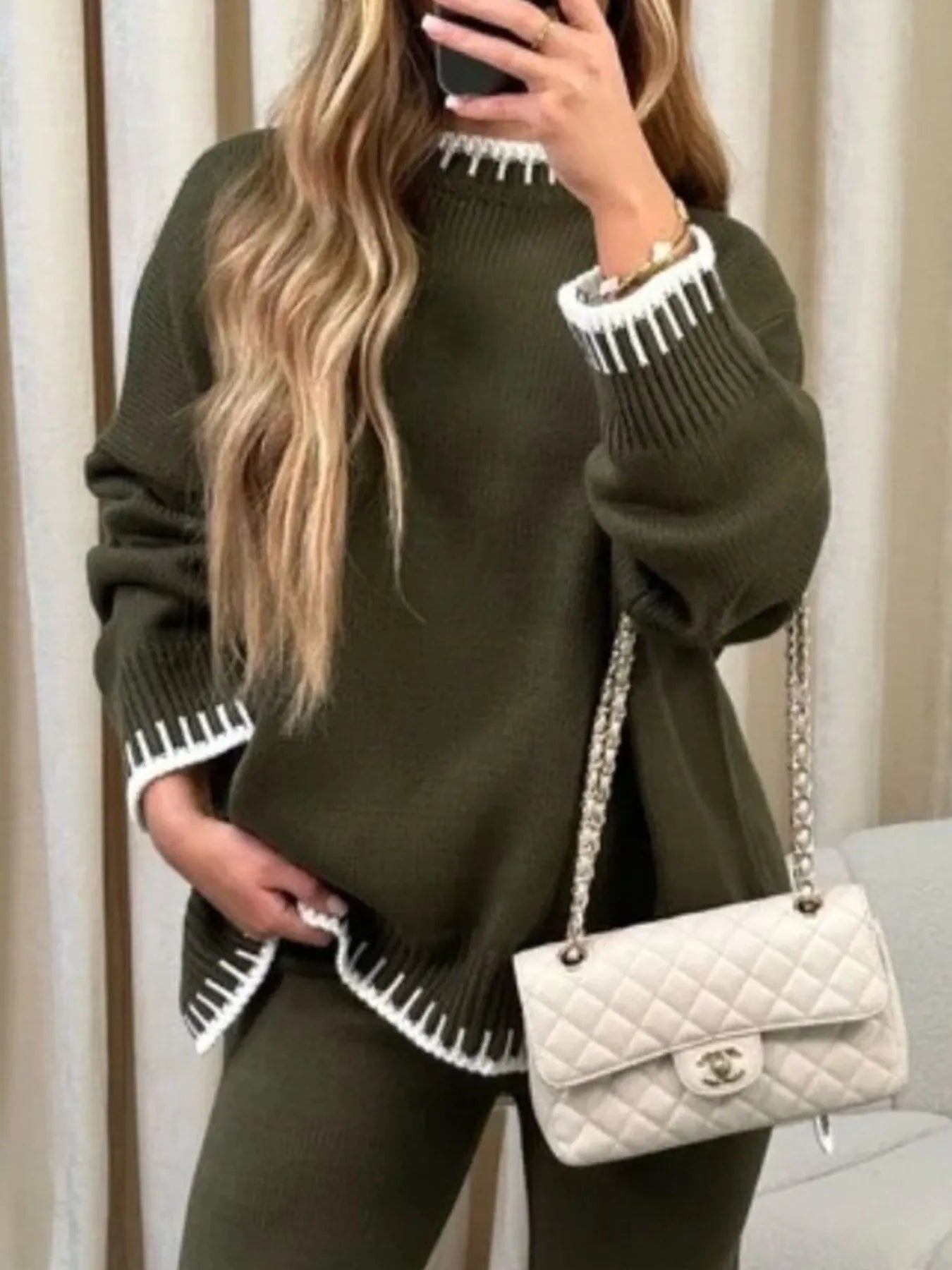 Sarah Express Women's Contrast Trim Round Neck Top and Pants Sweater Set Military Green
