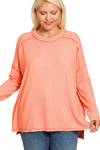 Sarah Express Women’s Plus Size Melange Hacci Tee with Exposed Seam Hi-Low Hem
