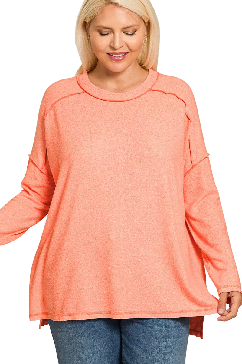 Sarah Express Women’s Plus Size Melange Hacci Tee with Exposed Seam Hi-Low Hem
