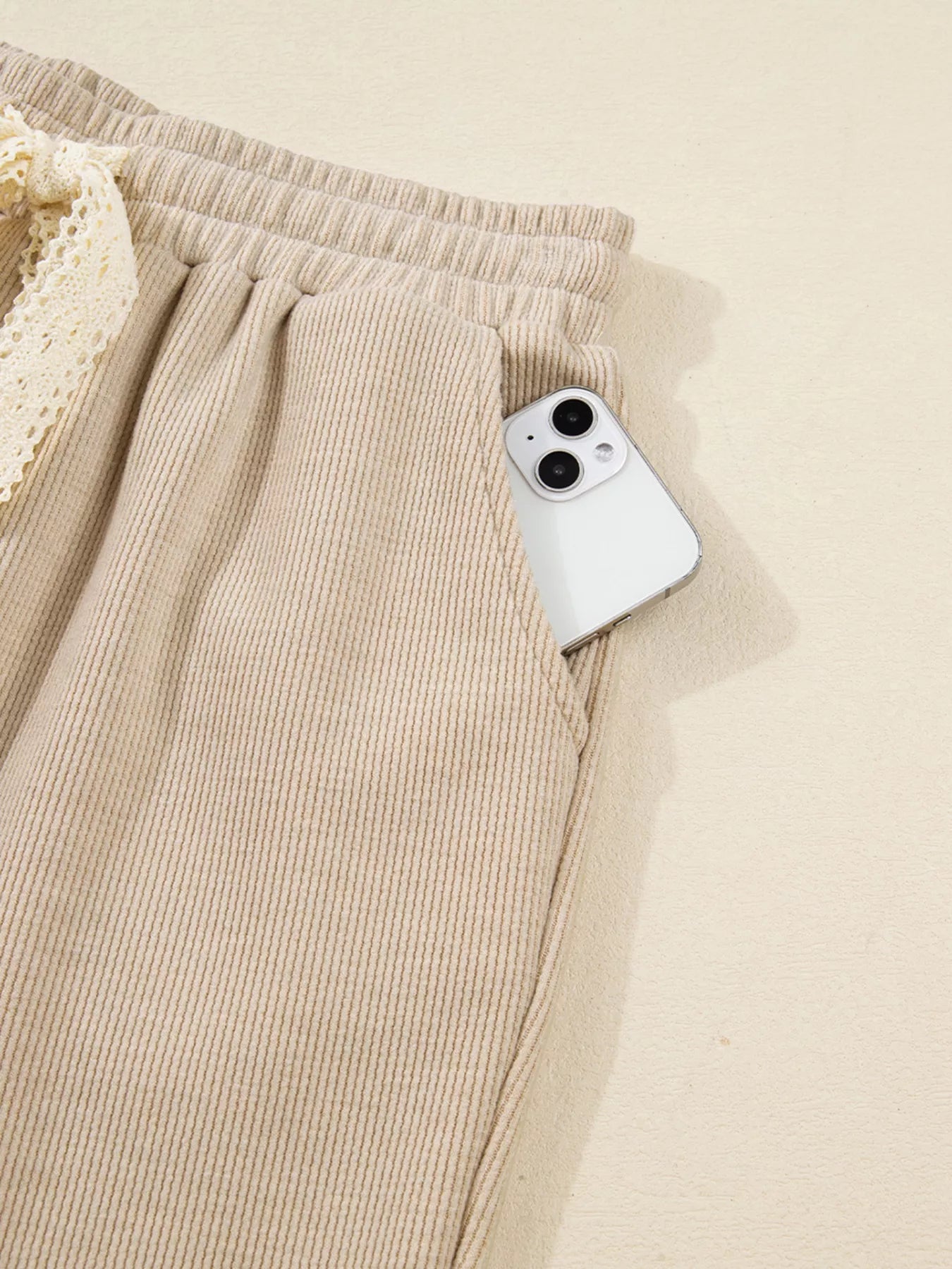 Sarah Express Women's Lace Drawstring Hoodie and High Waist Pants Corduroy Suit