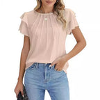 Women's Pleated Round Neck Blouse Short Sleeve Professional Work Top