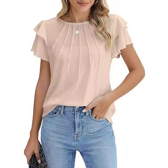 Women's Pleated Round Neck Blouse Short Sleeve Professional Work Top