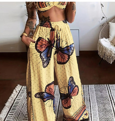 Women's Printed Tube Top Wide Leg Pants Two Piece Set Sleeveless