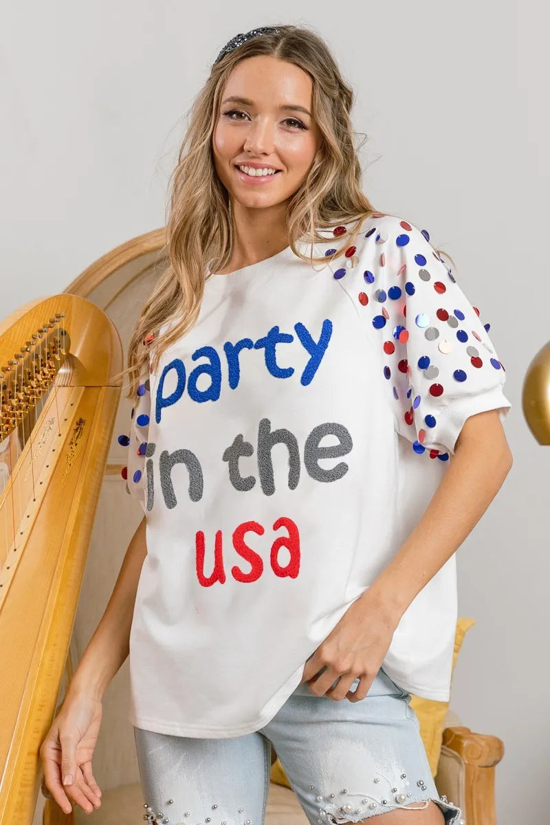 Sarah Express Women’s "Party In The USA" Spangle Puff Sleeve Top