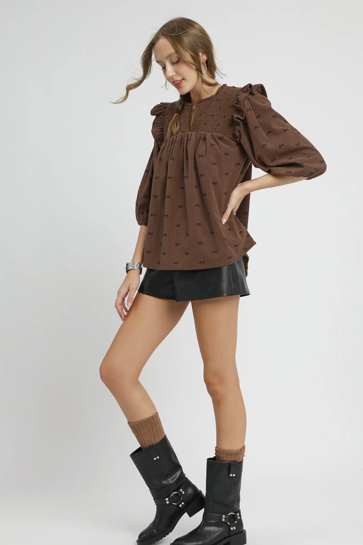 Sarah Express Women’s Bow Print Corduroy Blouse with Puff Sleeves and Ruffles