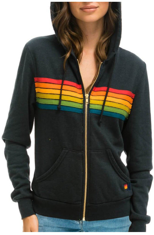 Women's Rainbow Stripe Contrast Color Sweater Jacket Cardigan