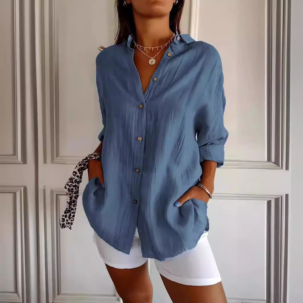 Women's Lapel Long Sleeve Pleated Button Front Shirt Blouse