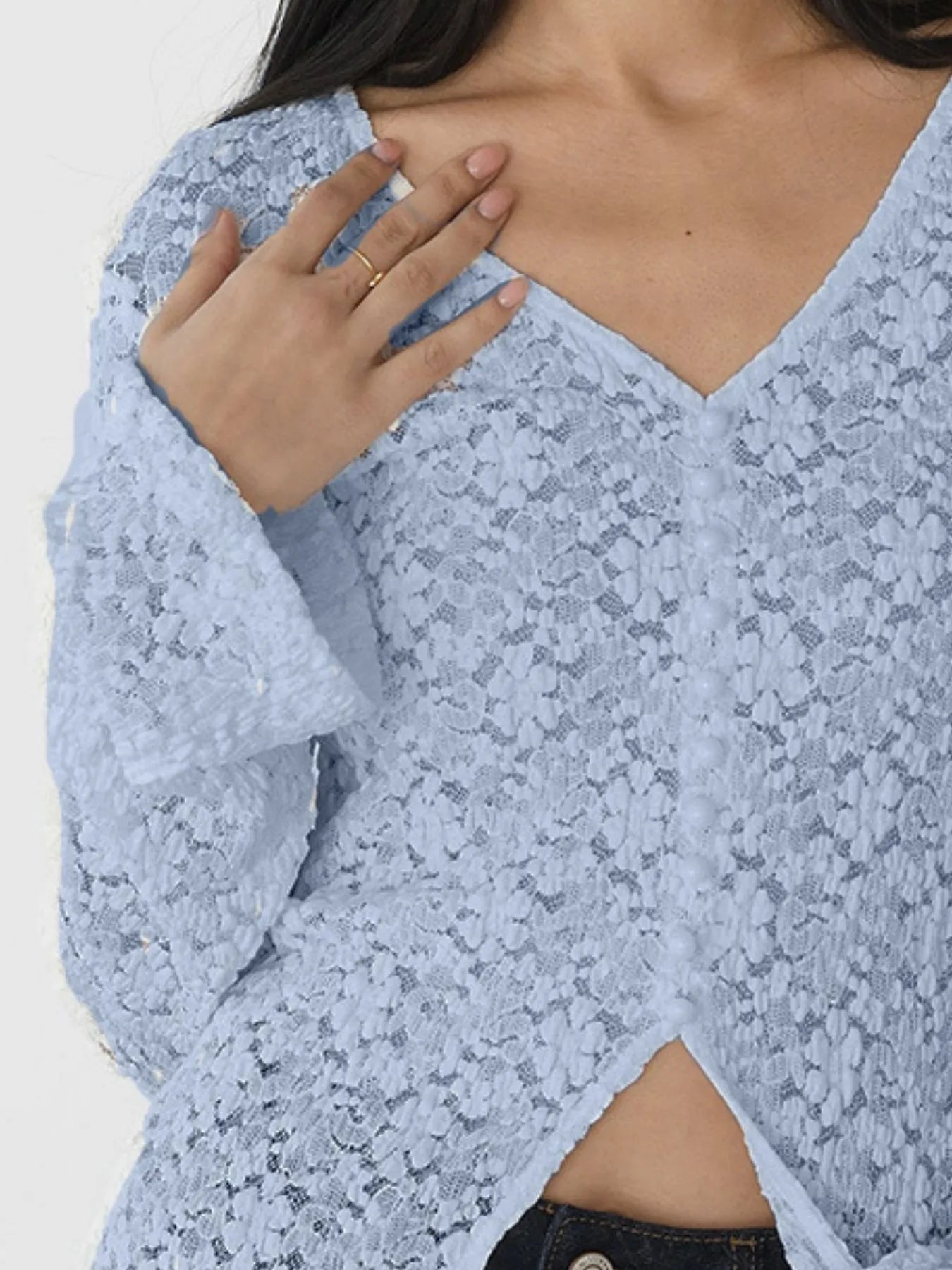 Sarah Express Women's Lace V-Neck Flare Sleeve T-Shirt