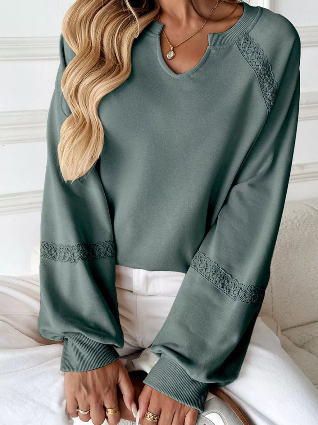 Sarah Express Women's Notched Raglan Sleeve Sweatshirt with Lace Detail