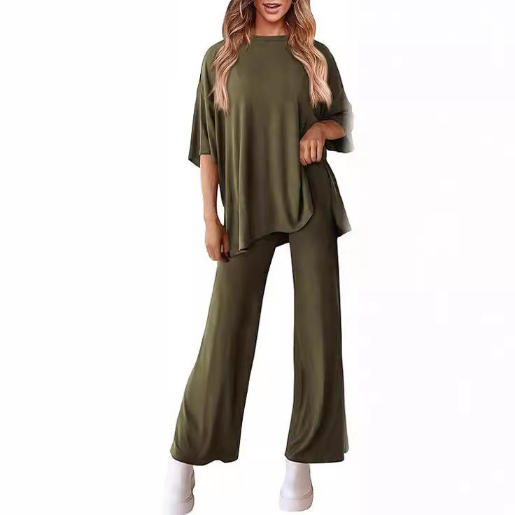 Two Piece Pullover Top Wide Leg Pants Set Polyester