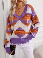 Sarah Express Women's Geometric Frayed Hem V-Neck Long Sleeve Sweater