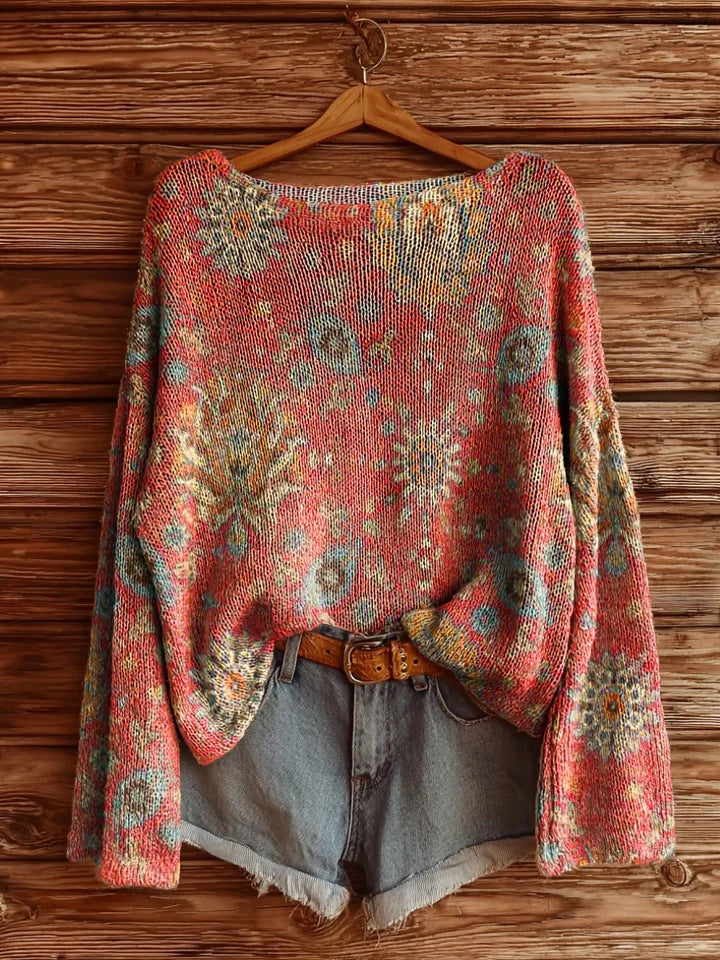 Women's Floral Printed Long Sleeve Pullover Top Brushed Loose Fit