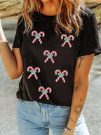 Sarah Express Women's Holly Candy Cane Christmas Sequin Short Sleeve T Shirt Black