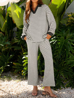 Sarah Express Women's Striped Contrast Top and Wide Leg Pants Set Dark Gray