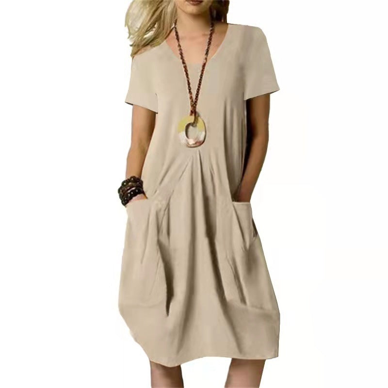 Women's Cotton Linen Loose Midi Dress Round Neck Short Sleeve Casual