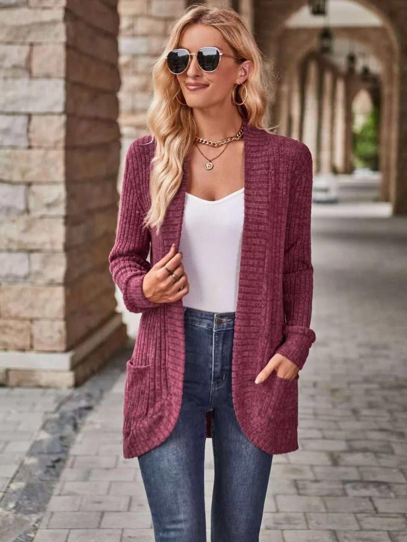 Sarah Express Women's Open Front Ribbed Knit Cardigan