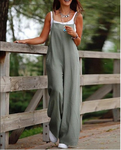 Women's Sleeveless Wide Leg Jumpsuit with Pockets Adjustable Strap Casual Summer Overall