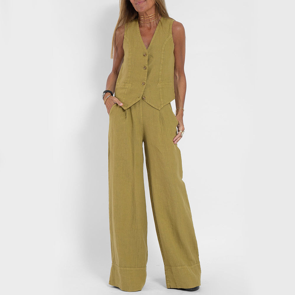 Women's V-Neck Button Vest and Straight Pants Two Piece Set