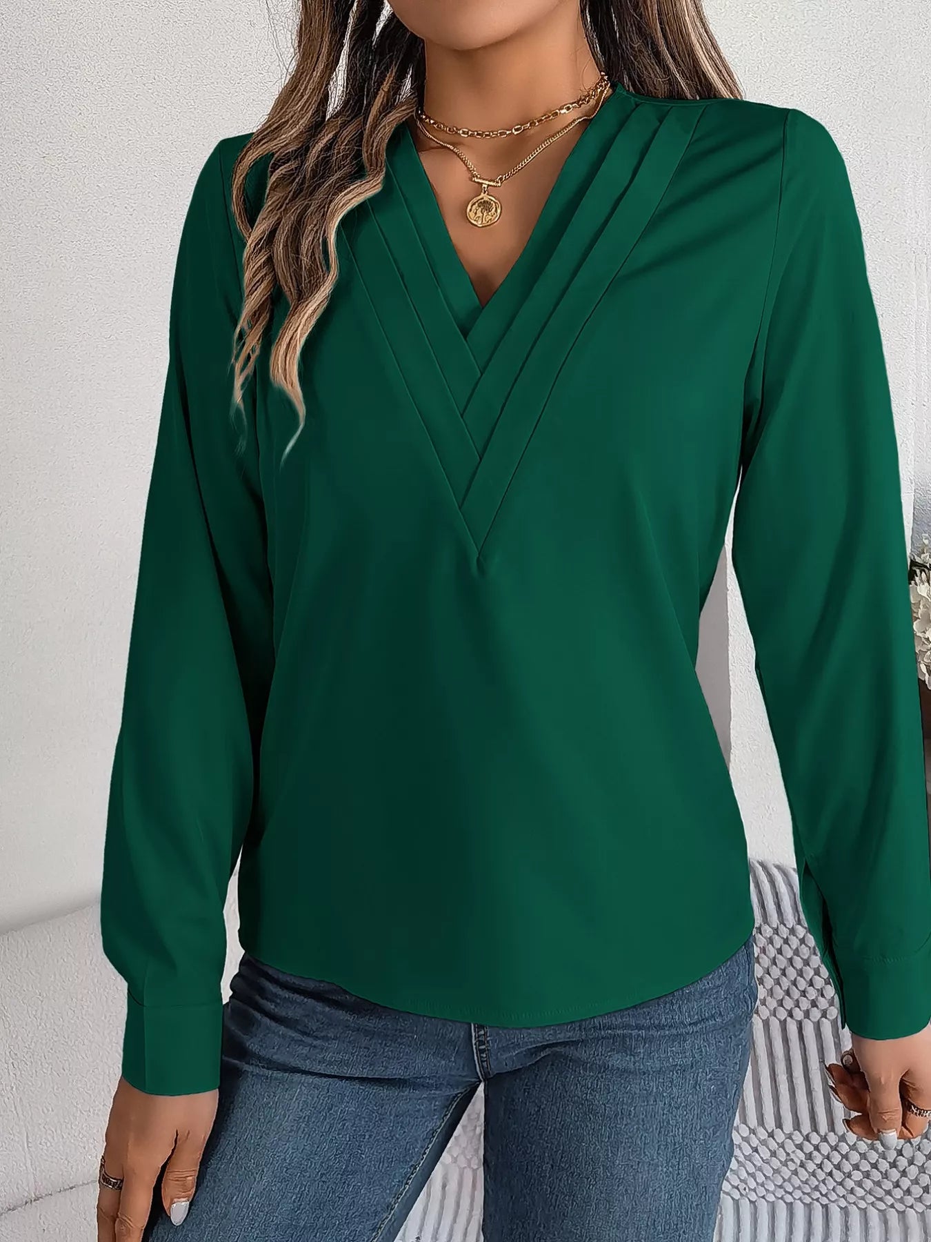 Sarah Express Women's Layered V-Neck Long Sleeve Blouse Dark Green
