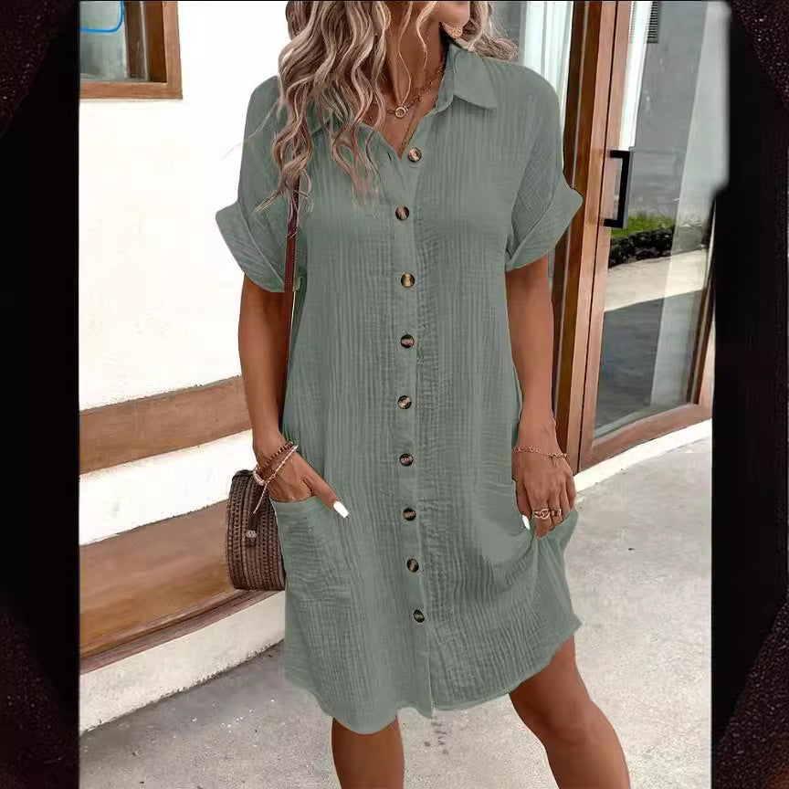 Women's Button-Front Shirt Dress Short Sleeve Mid-Length Loose Fit
