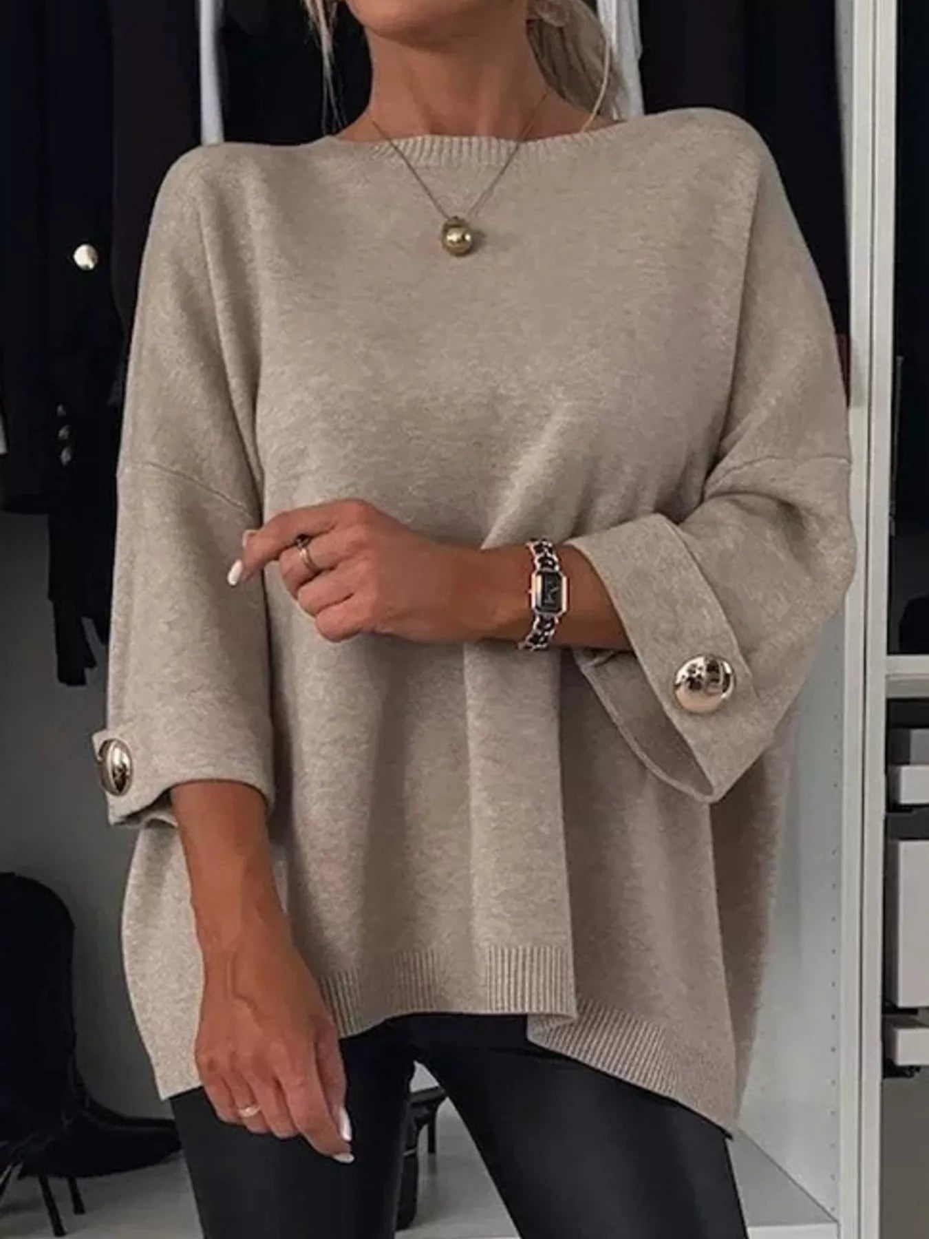 Sarah Express Women's Full Size Round Neck Drop Shoulder Top with Ribbed Trim Plus Size Camel