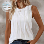 Round Neck Pleated Tank Top Sleeveless Loose Fit Button Detail