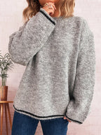 Sarah Express Women's Contrast Trim Round Neck Cozy Sweater