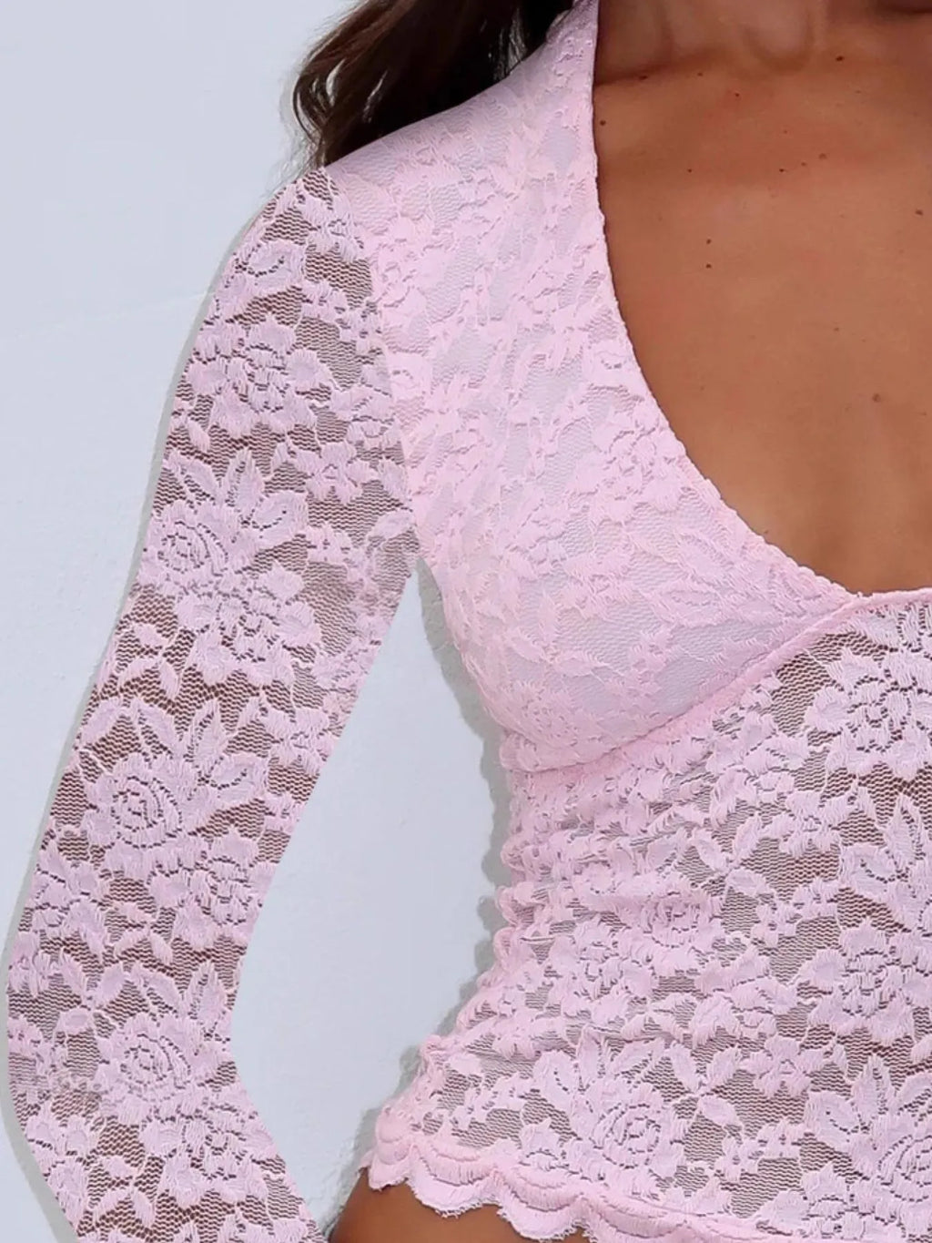 Sarah Express Women's Floral Lace Long Sleeve Deep V-Neck Blouse with Scalloped Hem