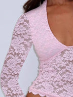 Sarah Express Women's Floral Lace Long Sleeve Deep V-Neck Blouse with Scalloped Hem