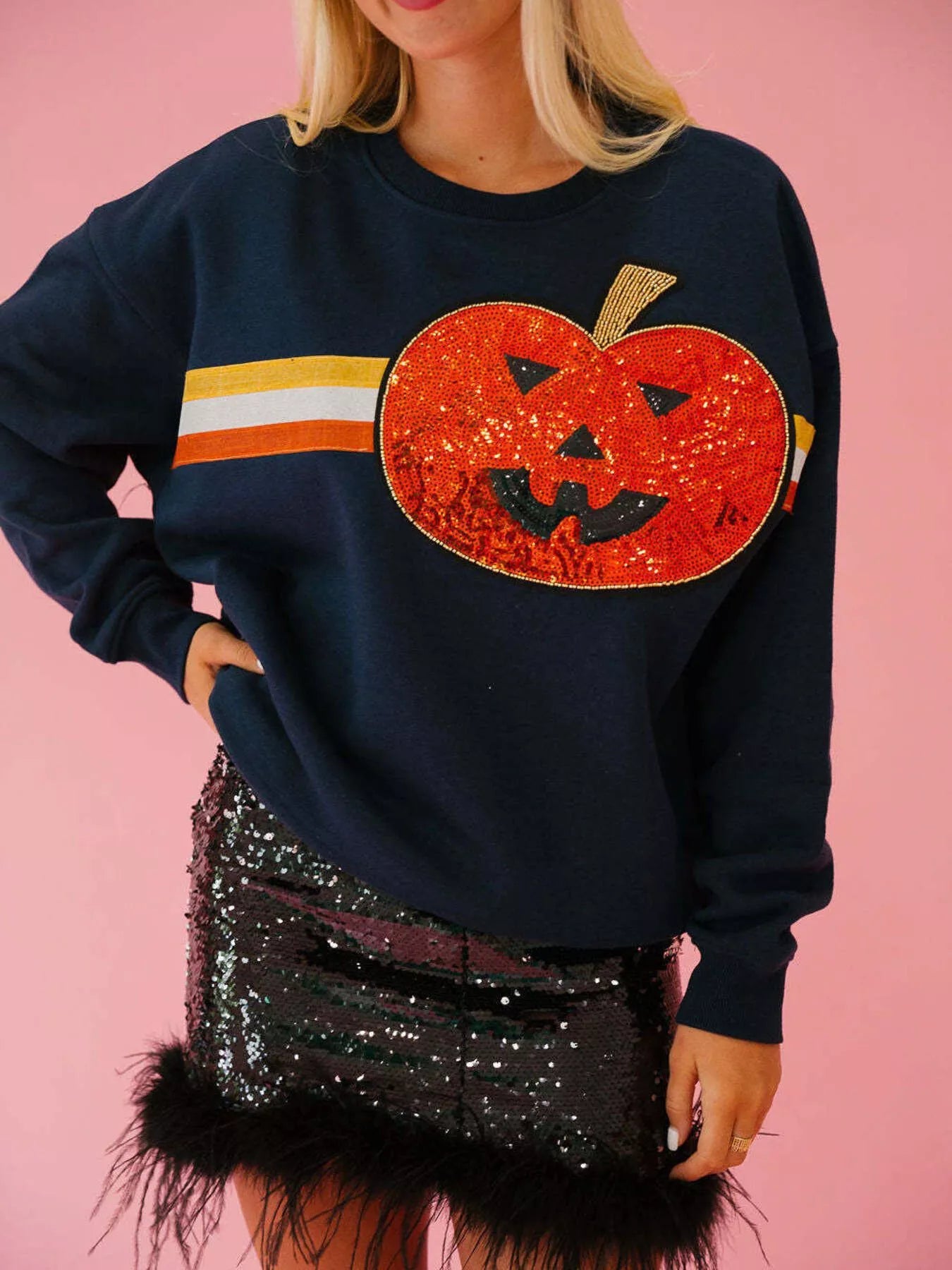 Sarah Express Women's Halloween Sequin Round Neck Sweatshirt Dark Blue Pumpkin Strips