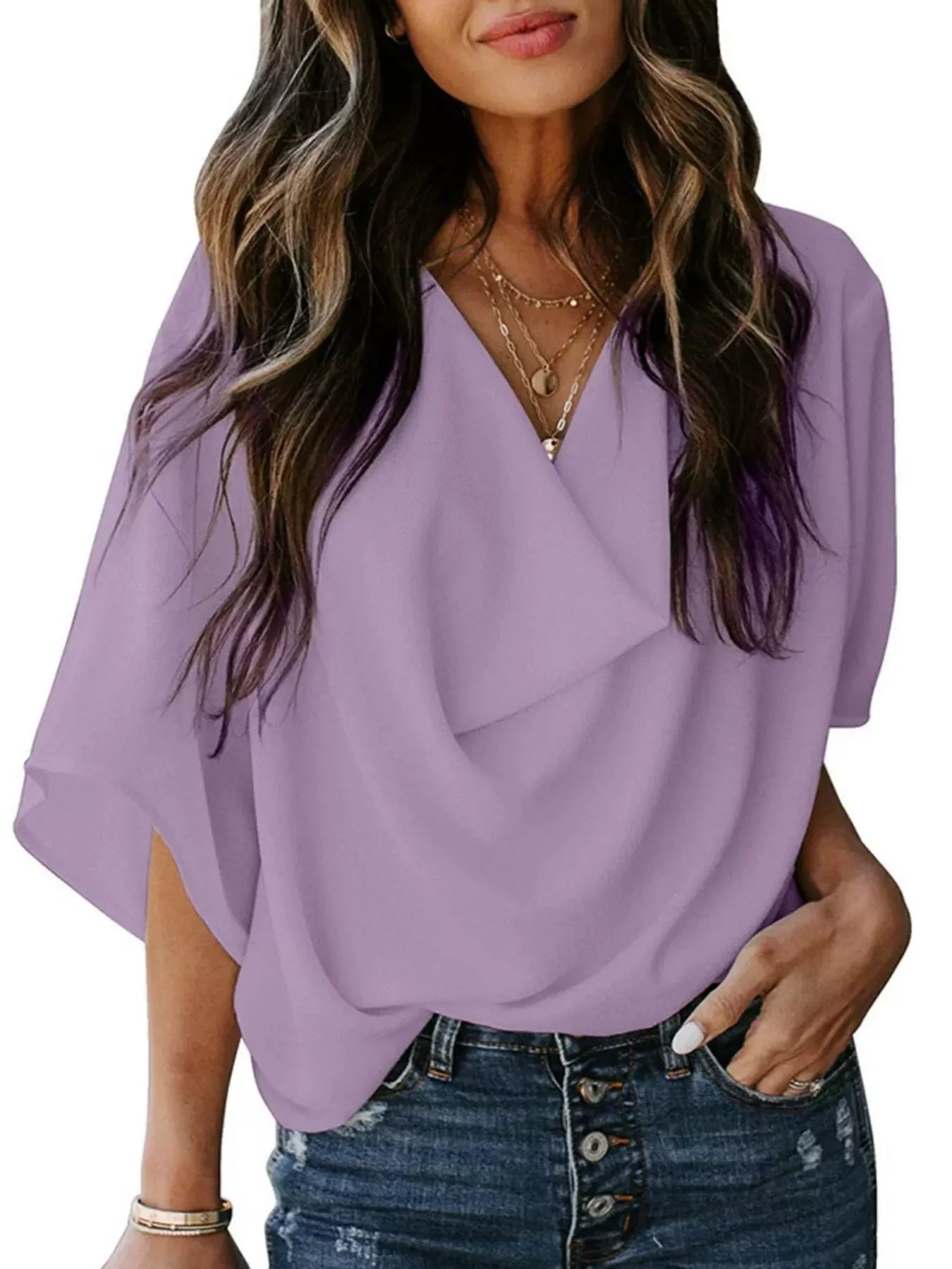 Sarah Express Women's Half Sleeve Flowy Blouse Plus Size Light Purple