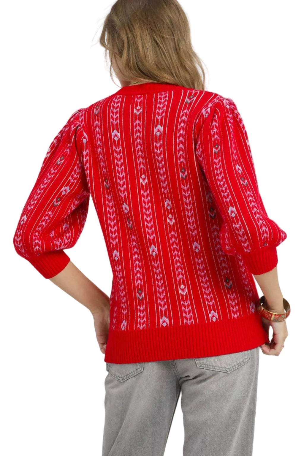 Sarah Express Women’s Jacquard Knit Puff Sleeve Sweater Casual