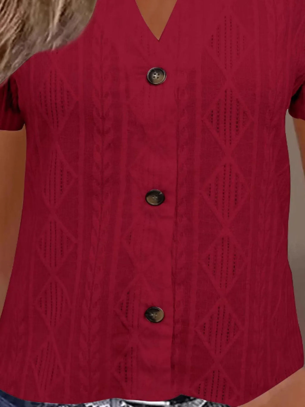 Sarah Express Women's Textured Notched Short Sleeve Blouse