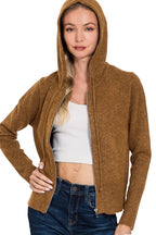 Sarah Express Women’s Camel Zip-Up Hooded Sweater Cardigan