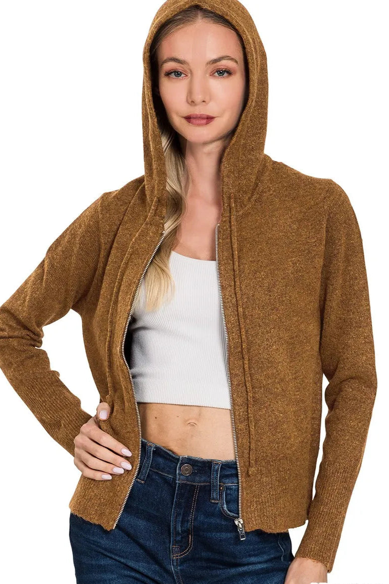 Sarah Express Women’s Camel Zip-Up Hooded Sweater Cardigan