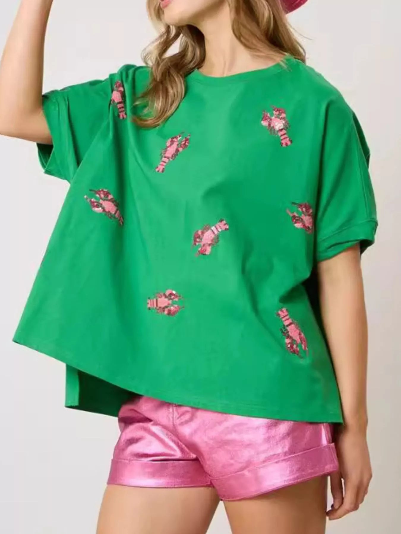 Sarah Express Women's Sequin Lobster Round Neck T-Shirt Green