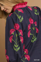 Sarah Express Women's Floral Print Ruffle Trim Puff Sleeve Blouse